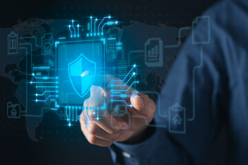 Businessman holding cyber security icons screen. Digital information technology and cyber security concept.