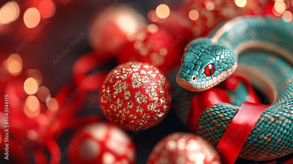 Poster a shimmering snake twisting through a landscape filled with lanterns fireworks and red ribbons repre