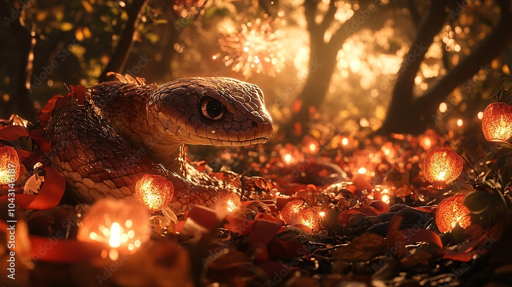 Poster A shimmering snake twisting through a landscape filled with lanterns fireworks and red ribbons representing celebration and prosperity Stock Photo with side copy space