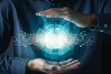 Businessman with digital screen about cyber security. Digital information technology and artificial intelligence concept.