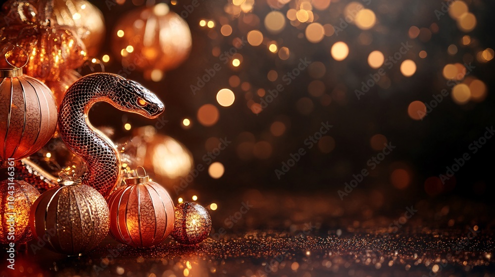 Poster an elegant snake design winding through a new year celebration filled with lanterns and fireworks as
