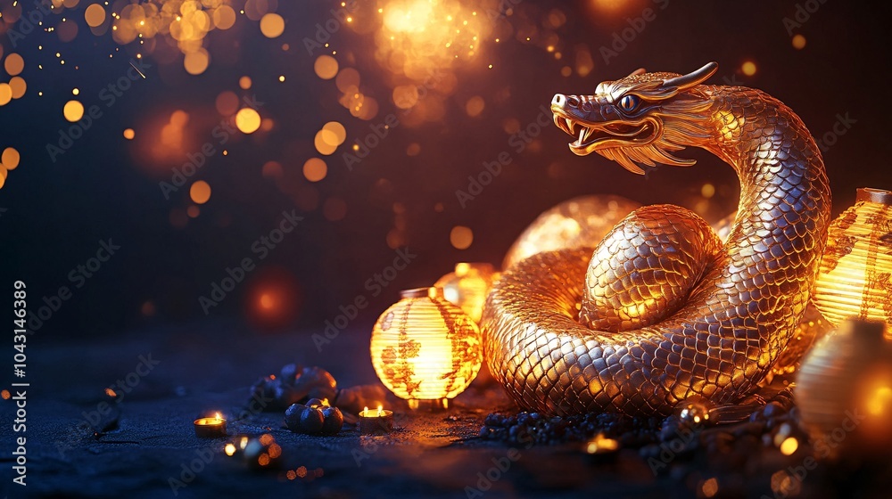 Poster An elegant snake design winding through a New Year celebration filled with lanterns and fireworks as 2025 is prominently displayed Stock Photo with side copy space