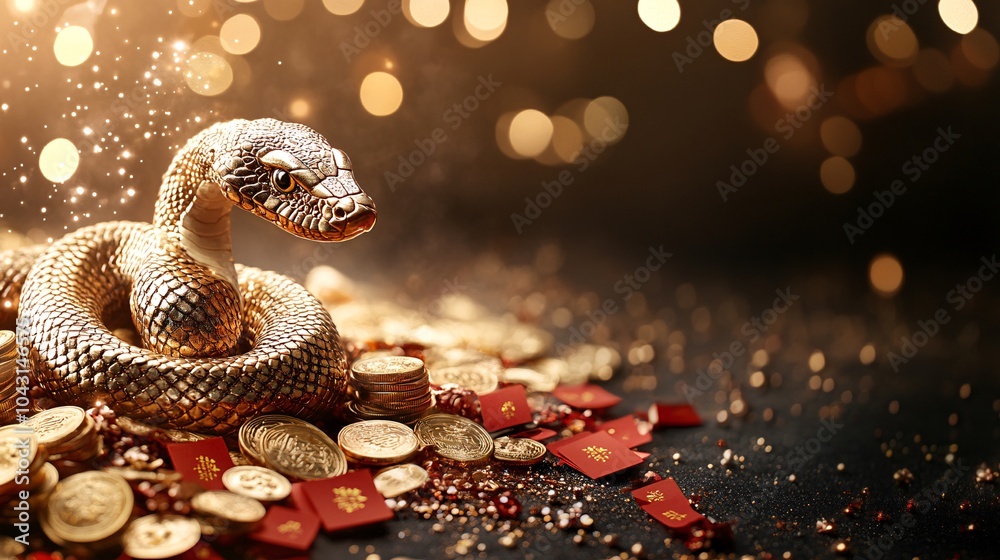 Poster a glittering snake coiling around traditional chinese symbols like red envelopes and gold coins with