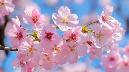 Obraz premium Blooming Pink Cherry Blossoms on a Branch Against Blue Sky