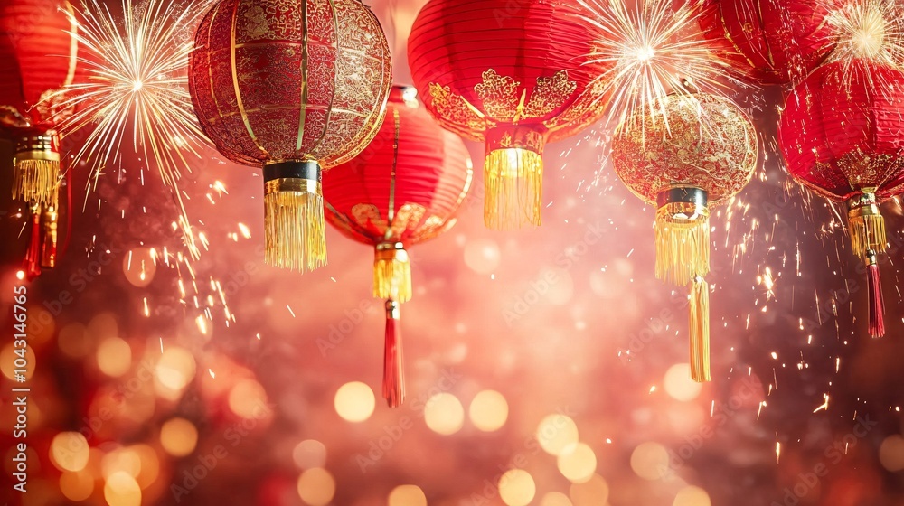 Poster a golden snake coiling around a traditional red chinese lantern with fireworks bursting in the night