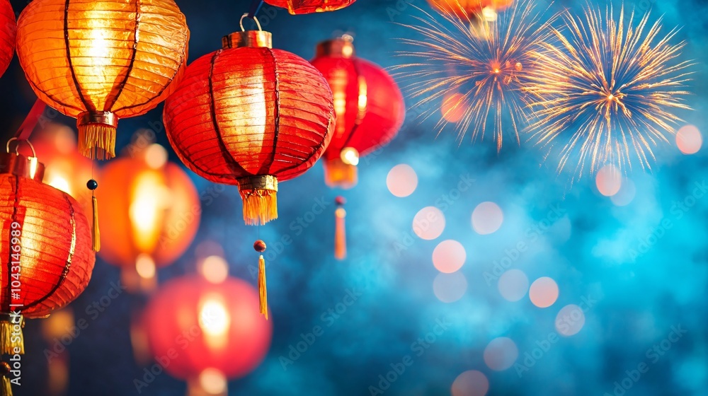 Poster a festive street scene with a golden snake slithering through a parade of lanterns and fireworks lig