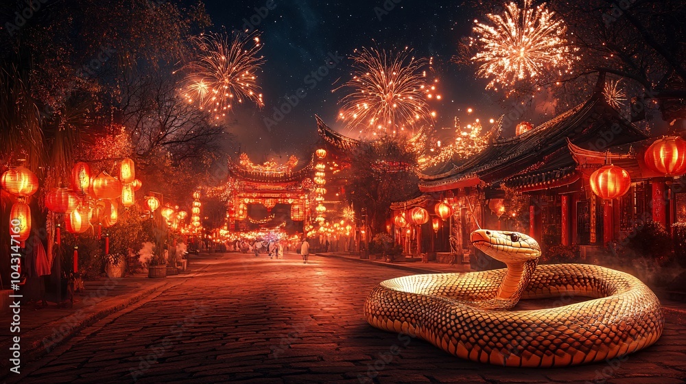 Aufkleber a festive street scene with a golden snake slithering through a parade of lanterns and fireworks lig