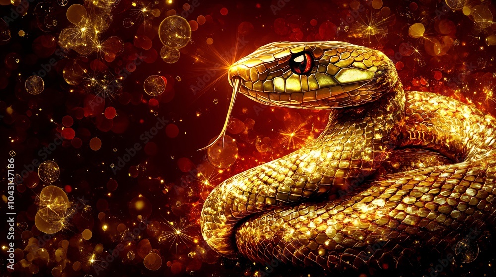 Poster A shimmering snake wrapping around a glowing number 2025 with abstract shapes of gold and red filling the background Stock Photo with side copy space