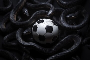 A soccer ball surrounded by black snakes on a dark background.