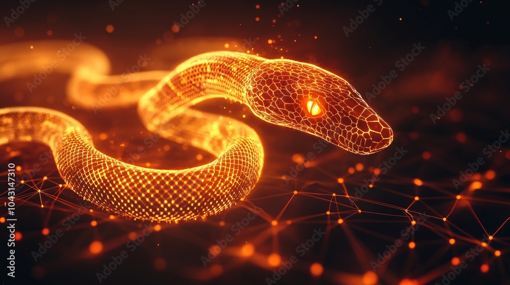 Poster A shimmering snake wrapping around a glowing number 2025 with abstract shapes of gold and red filling the background Stock Photo with side copy space