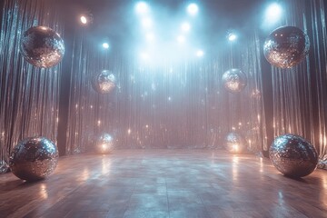 A large room with a blue light and a lot of silver balls