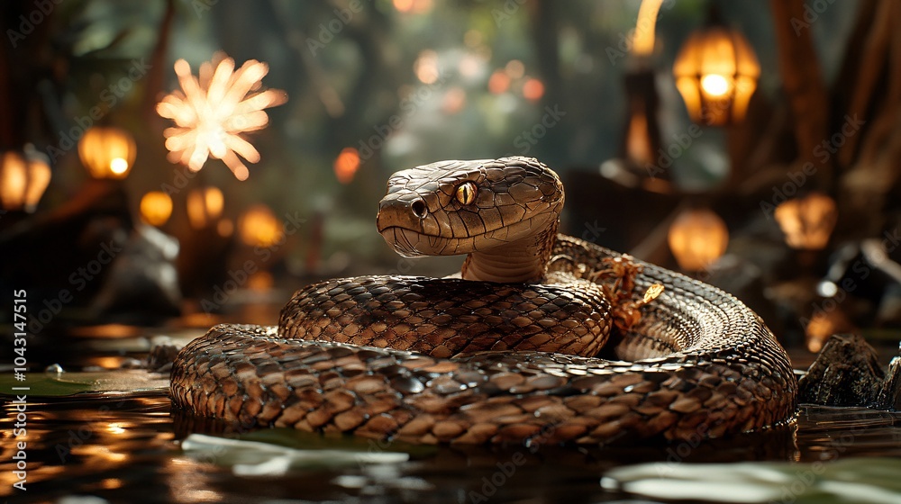 Poster a traditional brush-painted snake coiling around symbols of luck and prosperity with lanterns and fi