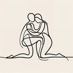 Two figures kneeling in a heartfelt embrace in a minimalist style, symbolizing love and support.
