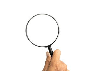 Hand holding magnifier tool isolated on white background. discover and research concept.