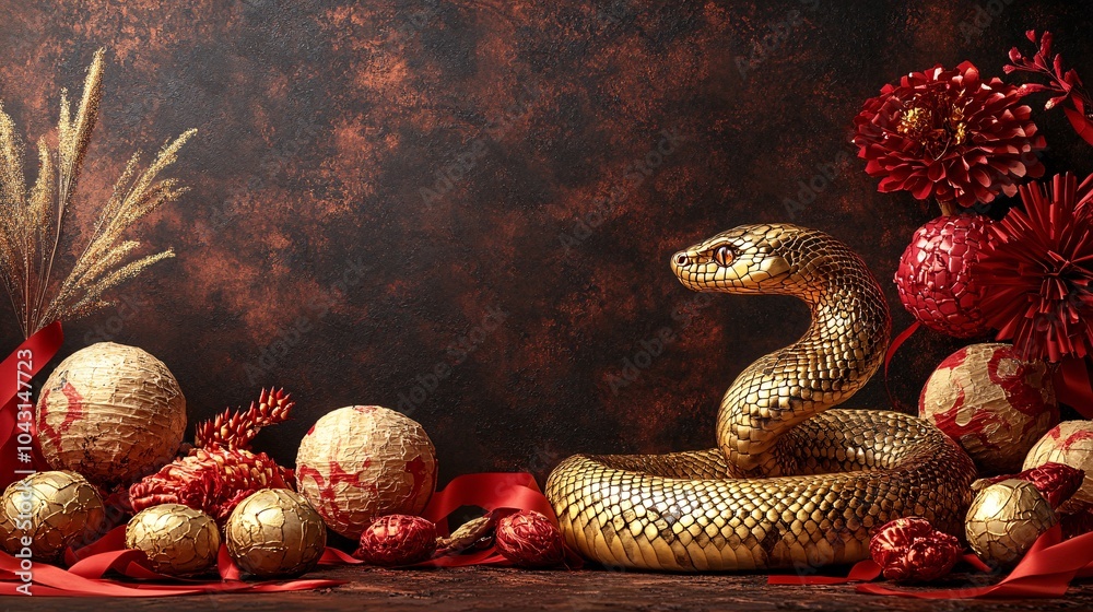 Poster a glittering golden snake set against a dark backdrop filled with red ribbons lanterns and fireworks