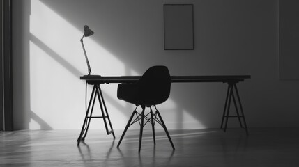 Minimalist workspace with a desk, chair, lamp, and a framed picture on a white wall.