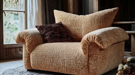 Tan Armchair with Brown Pillow in a Rustic Setting