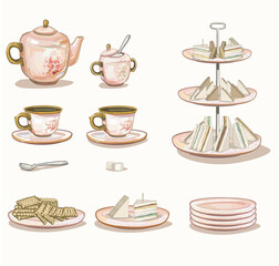 pink china porcelain ceramic set coffee cups afternoon british tea time party finger sandwich classical pottery tabeware container illustration on white background