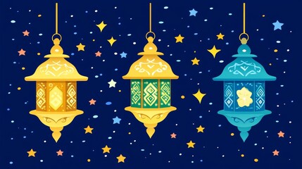 Ramadan Lanterns Hanging Stars Night Festive Decoration Illustration