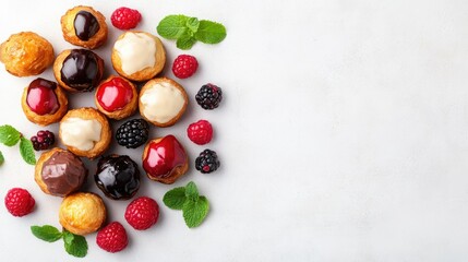 Delicious overhead view of decadent profiteroles with fresh berries and mint leaves