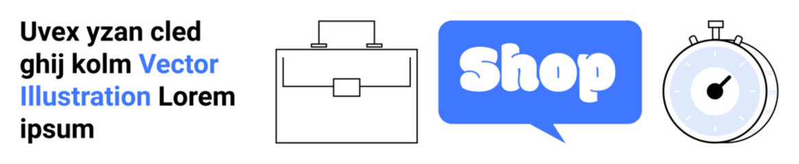 Briefcase icon, speech bubble with the word Shop, and a timer. Ideal for online shopping, business efficiency, e-commerce, retail promotions, and sales. Banner for landing page