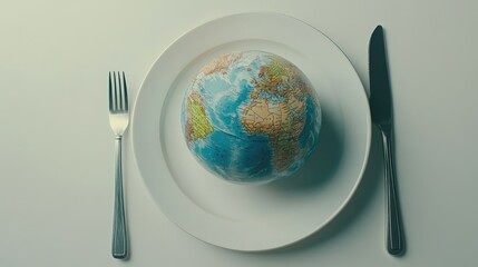 A globe placed on a white plate with a knife and fork beside it, highlighting global food issues. Simple light background, World Food Day concept.