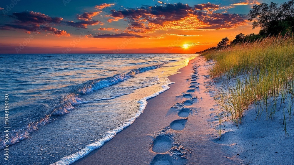 Poster a person enjoying a peaceful walk along a beach during sunset with gentle waves in the background sy