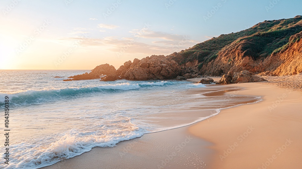 Poster a person enjoying a peaceful walk along a beach during sunset with gentle waves in the background sy