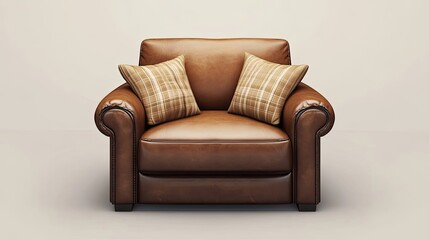 Fototapeta premium Brown Leather Armchair with Two Plaid Pillows
