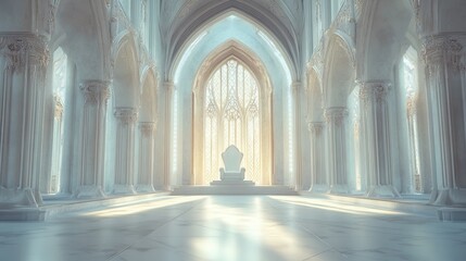 Fototapeta premium A grand white throne, illuminated by gentle light, in the center of an empty, vast hall with high ceilings and elegant architectural details.