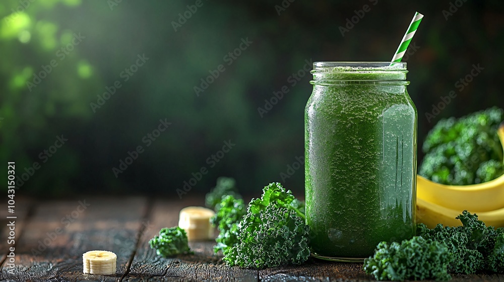 Poster a fresh green smoothie in a glass jar surrounded by spinach kale and bananas emphasizing the importa