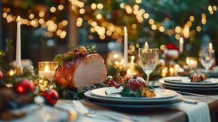 Elegant Christmas Dinner Table with Candles and Decorations