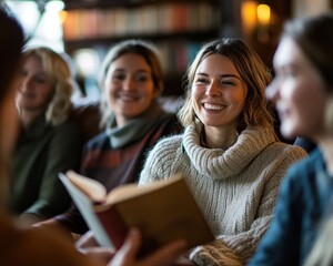 A group of people in a book club discussing books  read