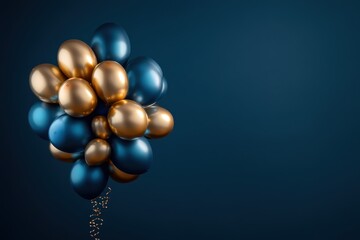 Fototapeta premium A cluster of gold and blue balloons against a deep blue background.