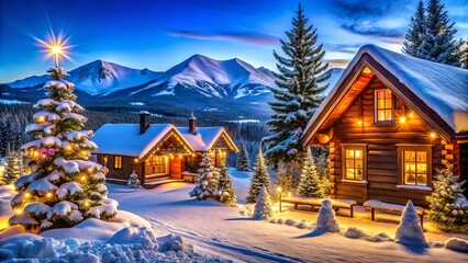 Fototapeta premium Breckenridge Christmas Wonderland with Snowy Peaks and Cozy Cabins in the Background