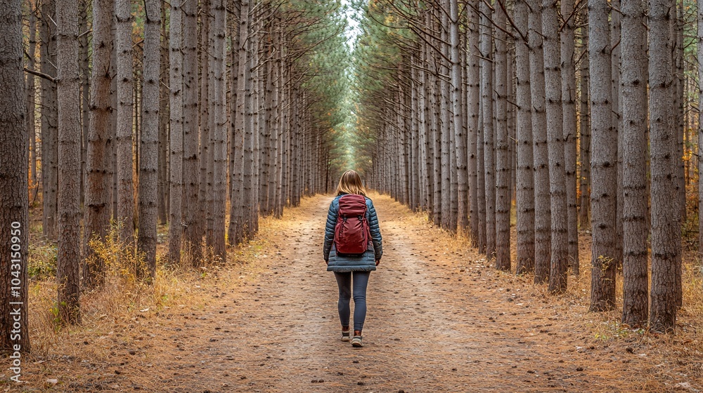 Aufkleber a person hiking through a forest trail with tall trees and natural light shining through symbolizing