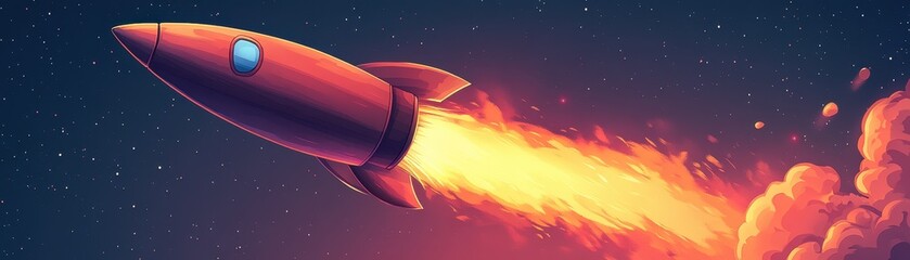 Obraz premium Vibrant Cartoon Rocket Launching into Starry Night Sky with Fiery Trail and Cosmic Background