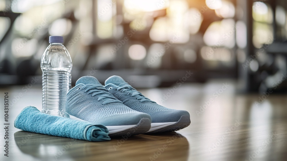 Poster a pair of running shoes placed next to a water bottle and towel on a gym bench symbolizing the prepa