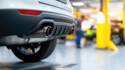 Fototapeta premium Replacing car exhaust in a bright clutter-free automotive workshop environment