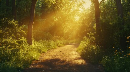 Obraz premium A serene forest path illuminated by warm sunlight filtering through trees.