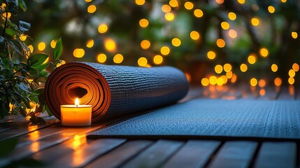 A peaceful living room space with a yoga mat candles and soft lighting promoting an at-home wellness routine focused on relaxation and mindfulness Stock Photo with side copy space