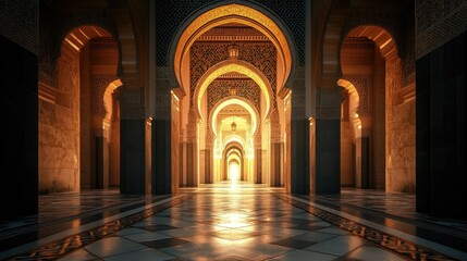 Obraz premium A peaceful Arab archway leading to a mosque, with intricate architectural patterns and soft lighting evoking a calm and spiritual atmosphere.