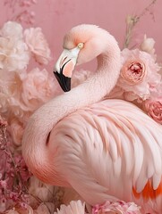 Fototapeta premium Female flamingo in a floral dress on a soft pink pastel background.