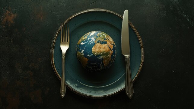 A plate with a globe set between a fork and knife, showcasing global hunger and food distribution issues, perfect for World Food Day wallpaper.