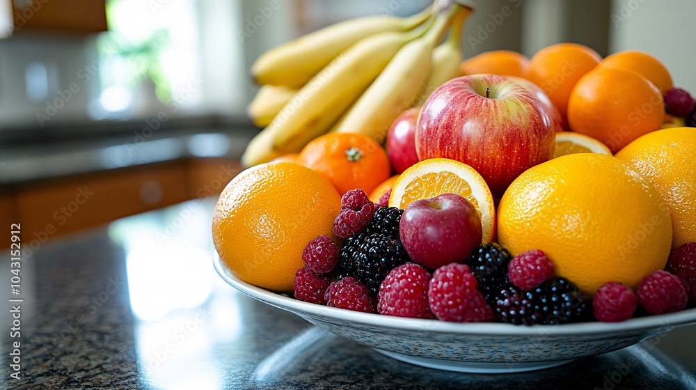 Aufkleber a colorful fruit bowl filled with oranges apples bananas and berries on a kitchen counter representi