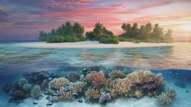 A tropical island with palm trees at sunset. Coral reef and fish are visible underwater.