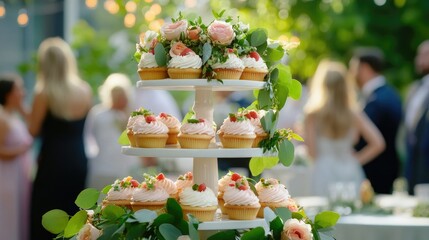 Elegant cupcake and dessert tower at a charming outdoor wedding celebration