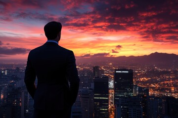 Fototapeta premium Businessman in suit looking out at city skyline at sunset.