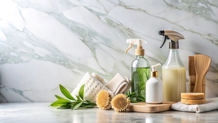 eco friendly cleaning supplies on marble countertop