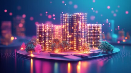 Lowpoly 3d wireframe of a smart city showcasing intelligent building automation and data flow